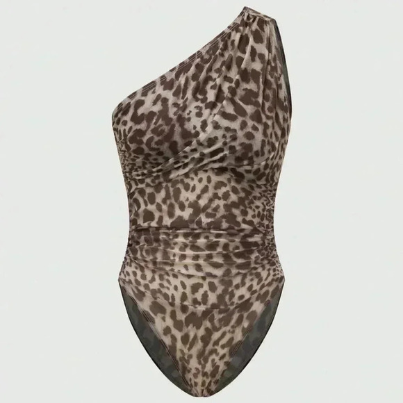 Multicolor Casual Women's Leopard Print Oblique Shoulder Bodysuit - Picture 4 of 7
